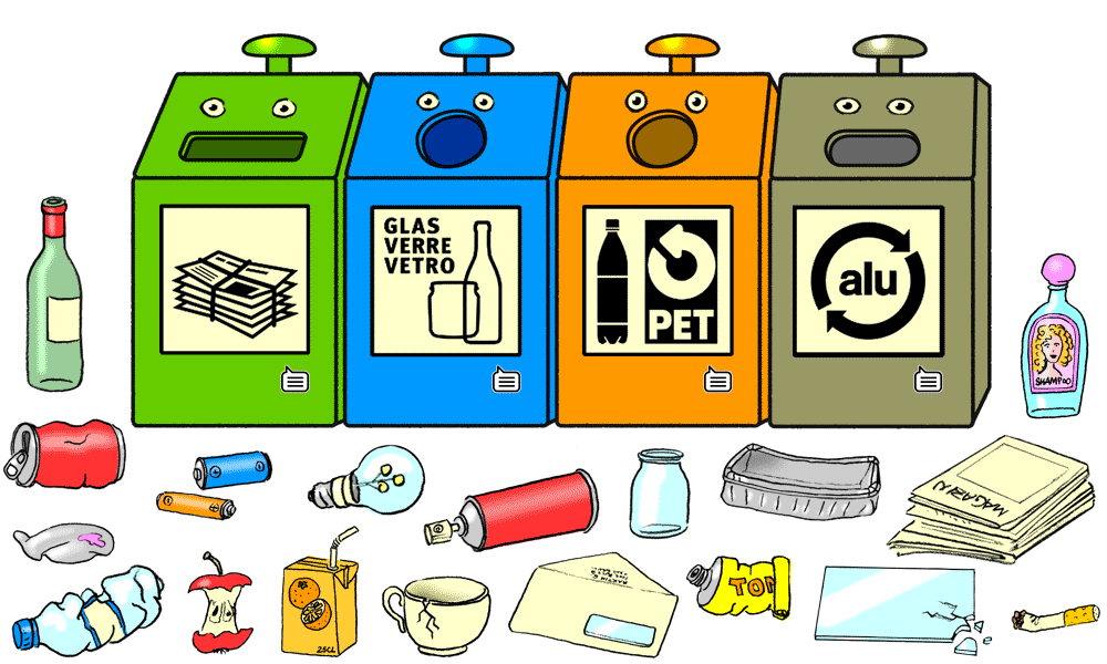 Quatre conteneurs pour le recyclage de l'aluminium, du papier, du PET et du verre