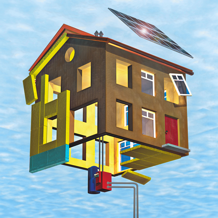 Une maison dans le ciel avec ses éléments de rénovation: plaques d'isolation, nouvelles fenêtres, capteurs solaires, pompe à chaleur, sonde géothermique