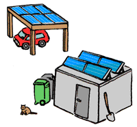 Panneaux photovoltaïques intégrés sur un couvert à voitures et rapportés et inclinés sur un petit local