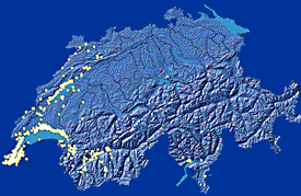 Carte de la Suisse avec les endroits où on peut trouver des vers luisants en Suisse Romande