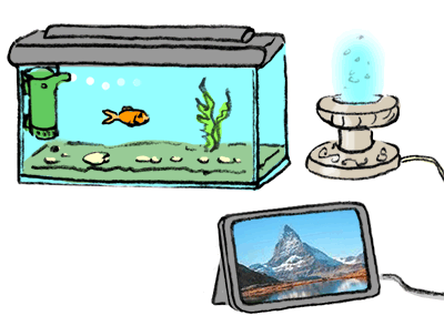 Aquarium, cadre de photos numérique, et petite fontaine d'ambiance