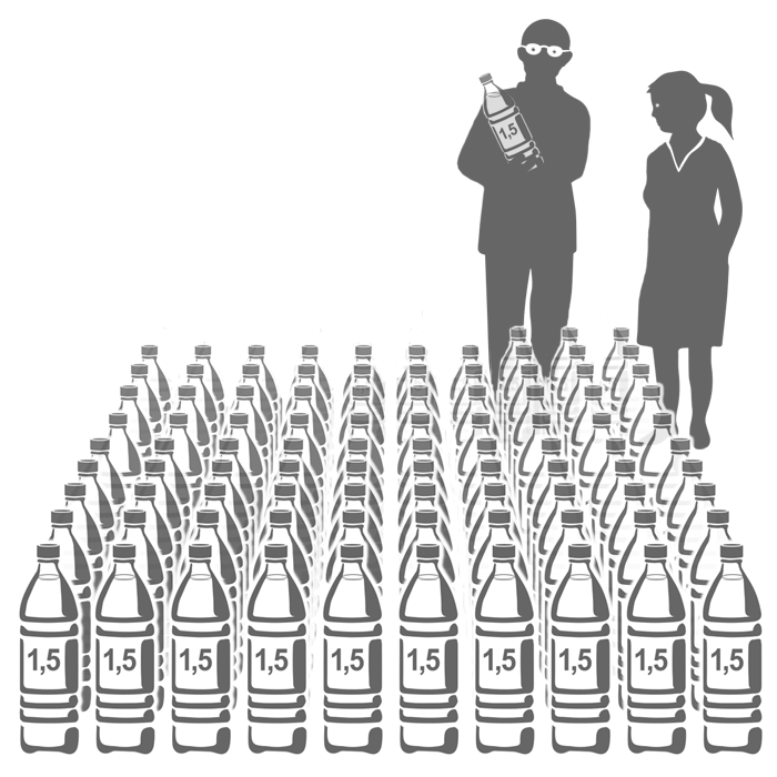 Deux personnes regardent 106 bouteilles d'eau bien alignées
