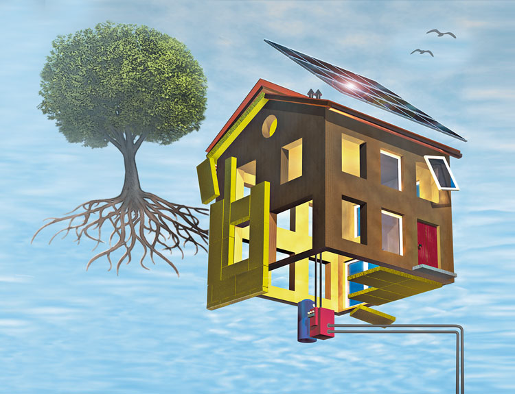 Une maison dans le ciel avec ses éléments de rénovation: plaques d'isolation, nouvelles fenêtres, capteurs solaires, pompe à chaleur, sonde géothermique
