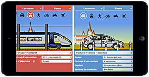 Ecran de Mobile-Impact, avec comparaison d'un trajet en train et en voiture entre Lausanne et Berne