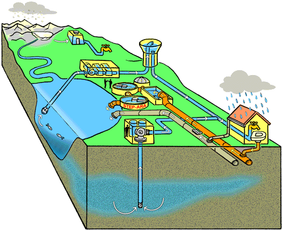 Schéma du cycle de l'eau, depuis la pluie jusqu'au robinet