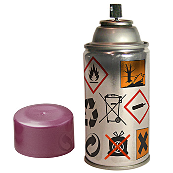 Spray avec logos de recyclage et de mise en garde