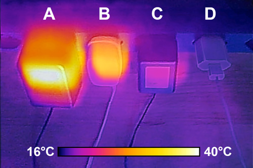 4 adaptateurs/chargeurs vus en par une caméra thermique