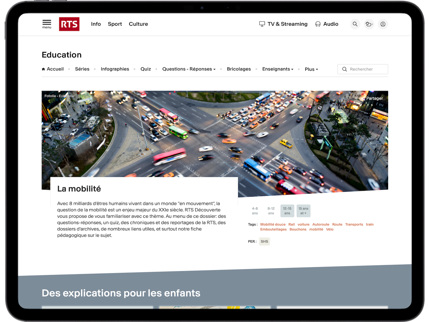 Ecran d'accueil du site web RTS Éducation sur la mobilité