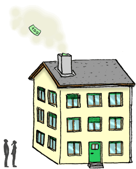 Bâtiment dont la cheminée dégage de la fumée et des billets de banque