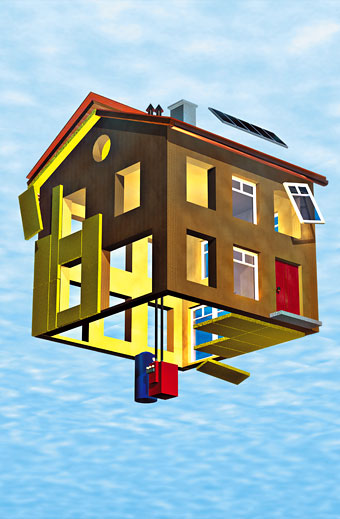 maison dans le ciel avec son chauffage et son isolation